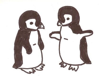 2 penguins drawn with rollerball and Sharpie.